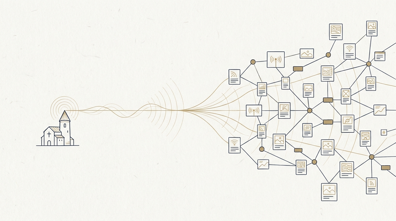A quiet keep broadcasting a signal that fans out into a network of posts